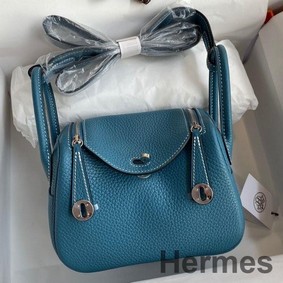 Hermes Mini Lindy Handmade Bag In Blue Jean Clemence Leather