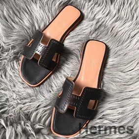Hermes Oran Perforated Sandals In Black Swift Leather