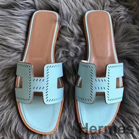 Hermes Oran Perforated Sandals In Blue Atoll Epsom Leather