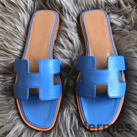 Hermes Oran Sandals In Blue Swift Leather