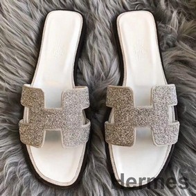 Hermes Oran Sandals In White Suede With Crystal