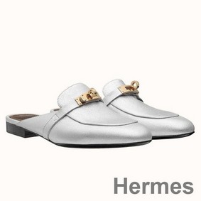 Hermes Oz Mules In Silver Metallic Calfskin