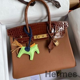 Hermes Touch Birkin 30 Bag In Gold Clemence and Shiny Niloticus Crocodile Skin