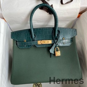 Hermes Touch Birkin 30 Bag in Green Clemence and Matte Alligator Leather