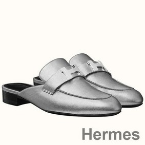 Hermes Trocadero Mules In Silver Nappa Leather