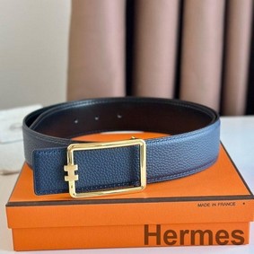 Hermes Tube H Reversible Belt 38MM in Blue Clemence Leather