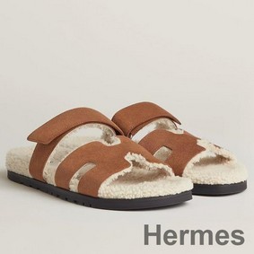 Hermes Women's Chypre Sandals in Tan Suede with Shearling